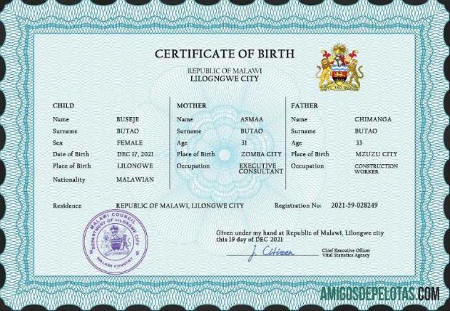 Em branco modelo PSD de certidão de nascimento de registro vital do Malawi